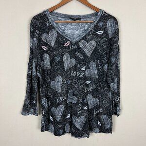 Carine‎ Top Womens XL Crushed Heart Love Kiss Lightweight Knit 3/4 Sleeve Gray
